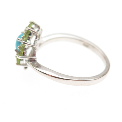 Chuck Clemency 925 Sterling Silver Real Turquoise Peridot Floral Ring Size 8.25