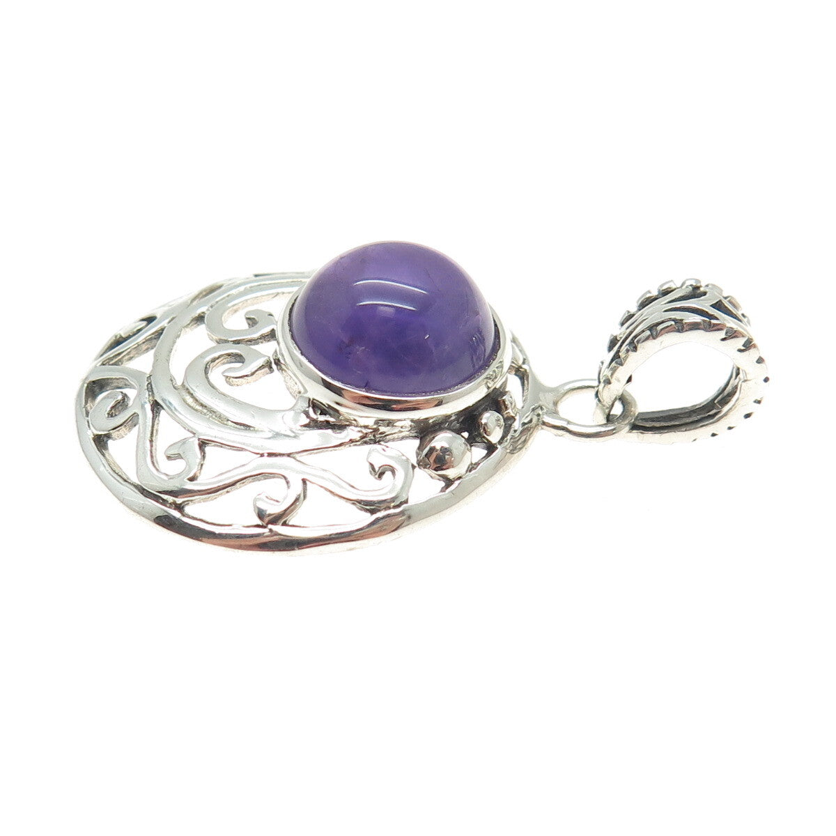 925 Sterling Silver Vintage Real Amethyst Gemstone Swirl Ornate Pendant