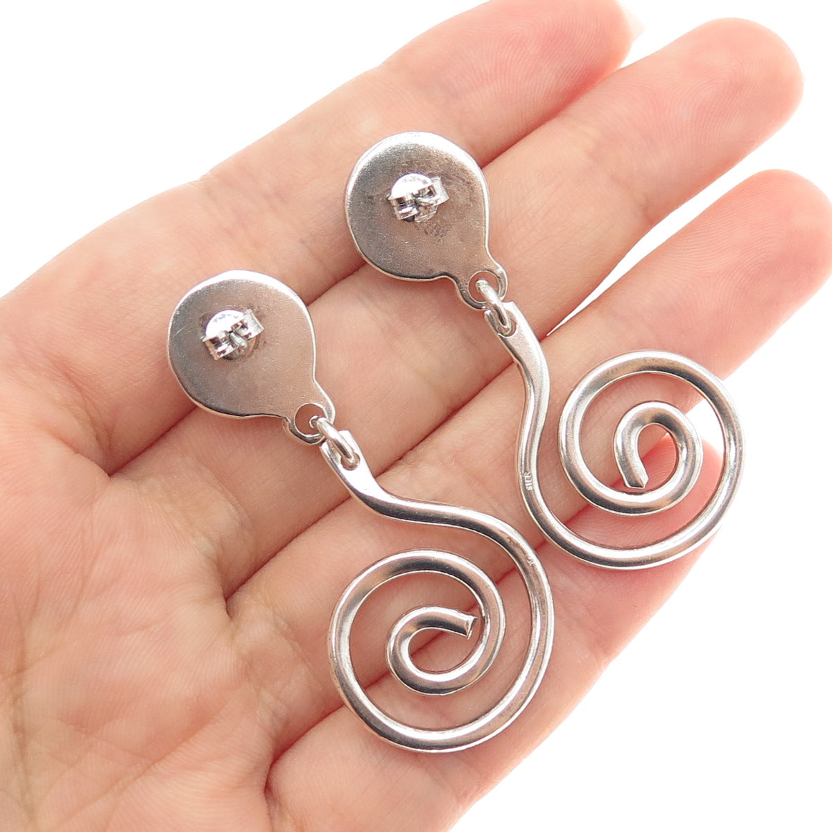 925 Sterling Silver Vintage Modernist Spiral Drop Earrings