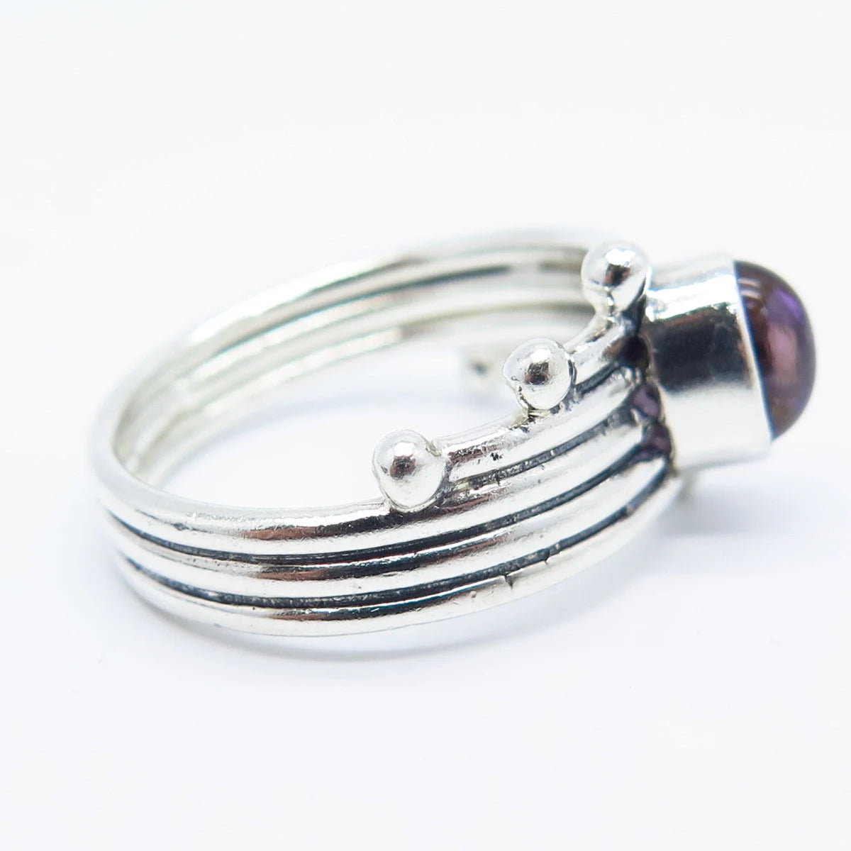 925 Sterling Silver Vintage Real Amethyst Gemstone Striped Ring Size 8