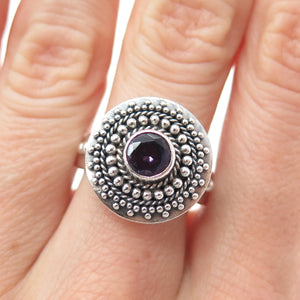 BC Silver Ned Bowman Sterling Vintage Real Amethyst Beaded Oxidized Ring Size 9