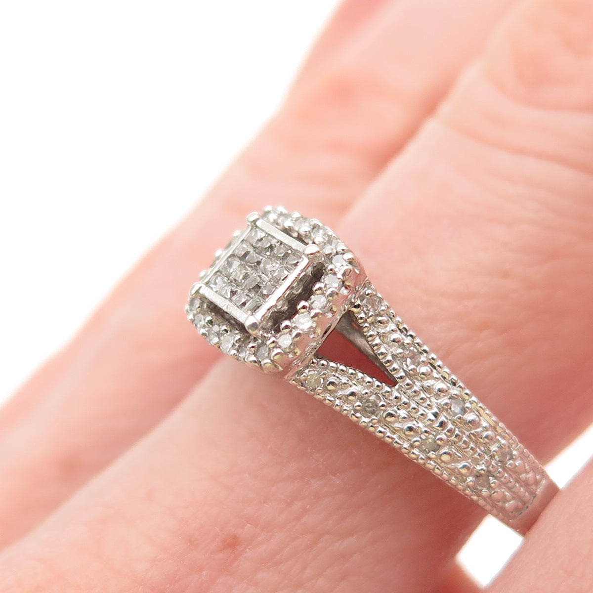 925 Sterling Silver Real Princess & Round-Cut Diamond Engagement Ring Size 9.25