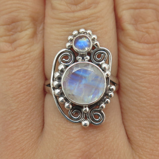 925 Sterling Silver Vintage Real Moonstone Spiral Beaded Ring Size 8