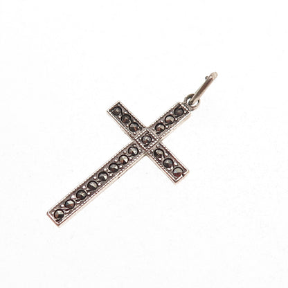 Theda 925 Sterling Silver Antique Art Deco Real Marcasite Cross Charm Pendant