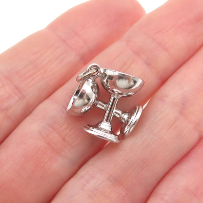 925 Sterling Silver Vintage Enamel Champagne Glasses 3D Mini Charm Pendant