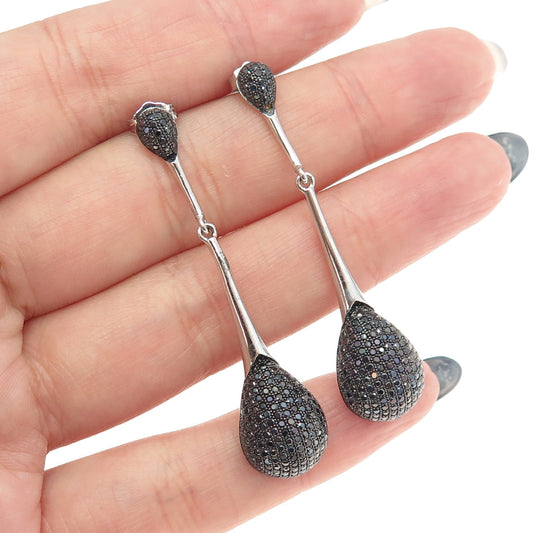 925 Sterling Silver Round-Cut Black C Z Drop Dangling Earrings