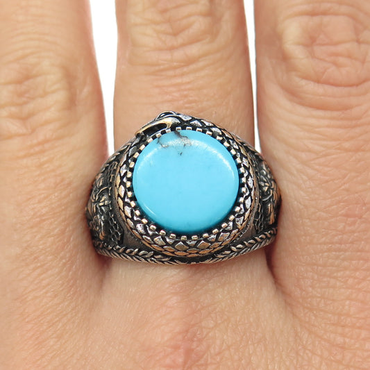 925 Sterling Silver 2-Tone Vintage Synthetic Turquoise Snake Ring Size 11.75