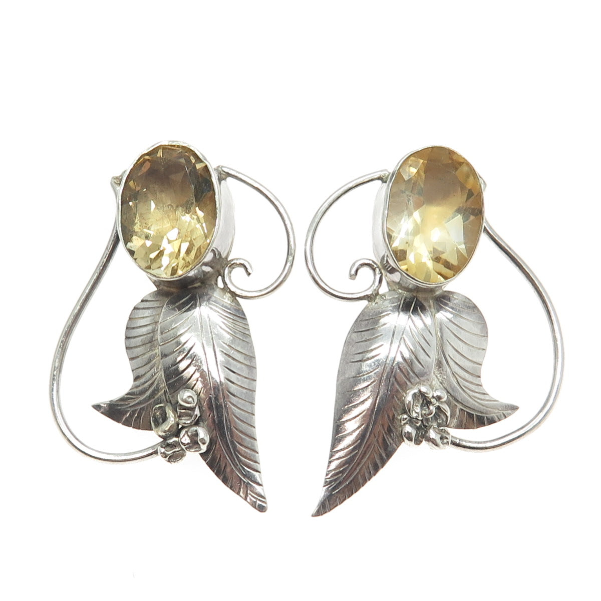 925 Sterling Silver Vintage Real Citrine Gemstone Leaf Dangle Earrings