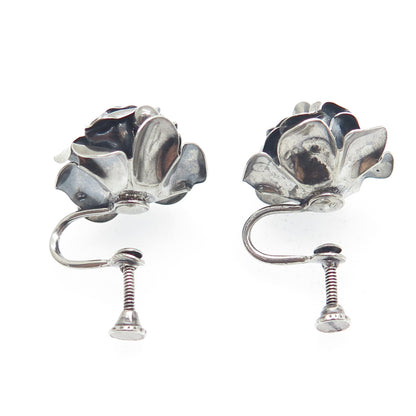 925 Sterling Silver Antique Art Deco Rose Flower Oxidized Screw Back Earrings