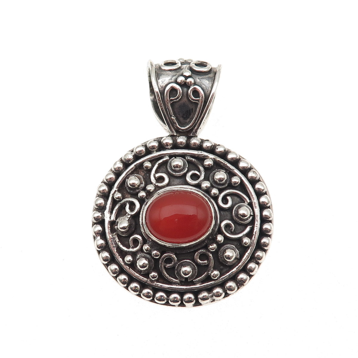 925 Sterling Silver Vintage Real Carnelian Modernist Beaded Oxidized Pendant