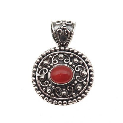 925 Sterling Silver Vintage Real Carnelian Modernist Beaded Oxidized Pendant
