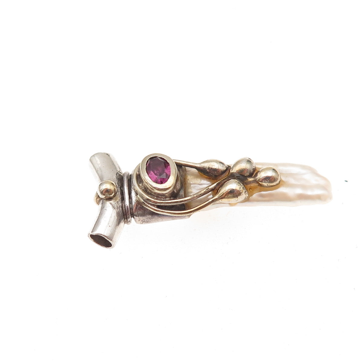 925 Sterling Silver 2-Tone Vintage Real Pearl & Red Garnet Slide Charm Pendant
