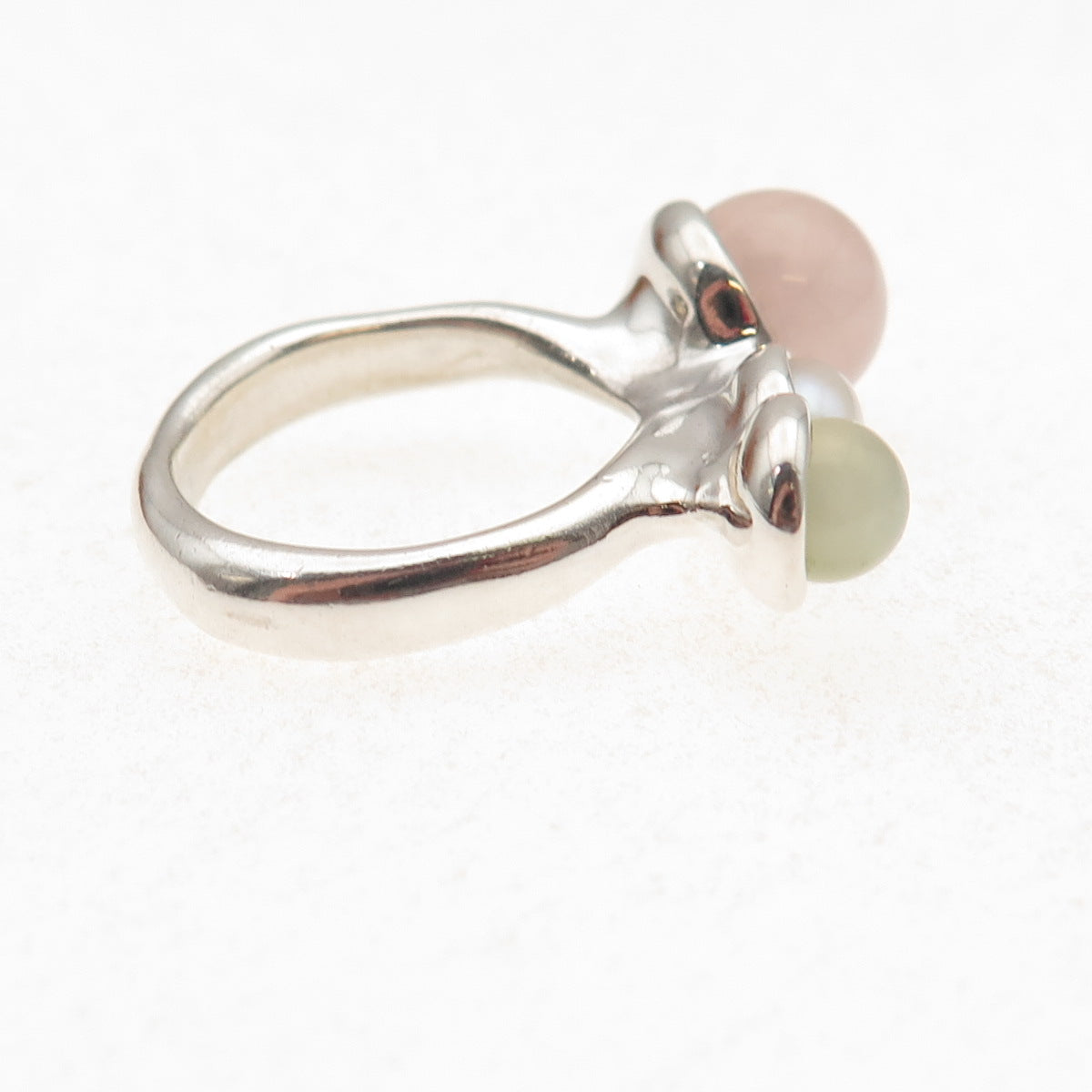 925 Sterling Silver Vintage Real Rose Quartz Jade Pearl Modernist Ring Size 7.75