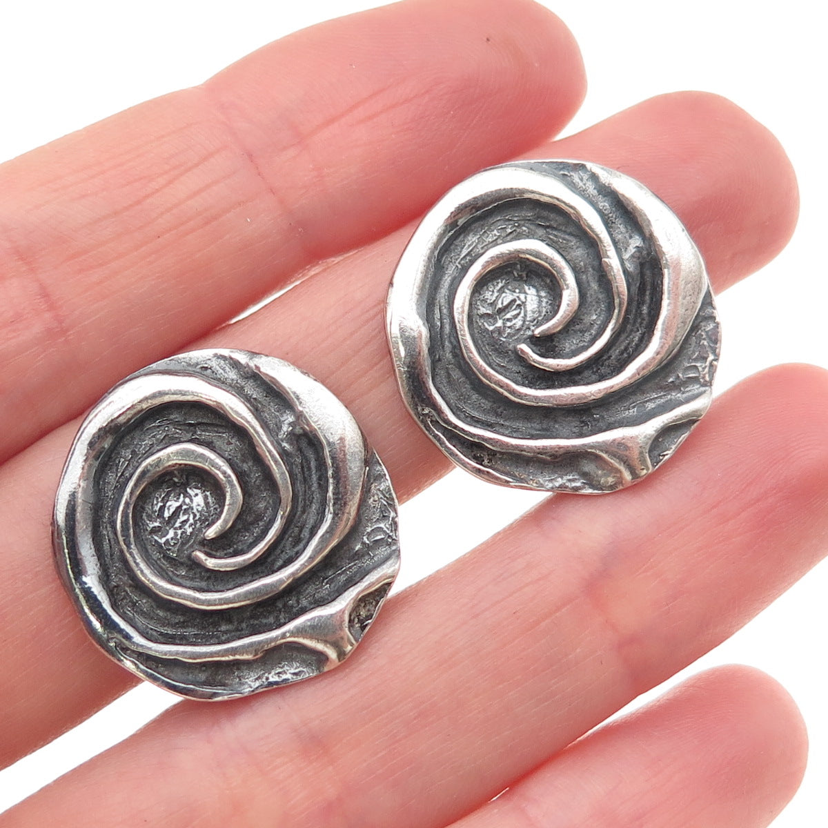 925 Sterling Silver Vintage Modernist Spiral Oxidized Clip On Earrings