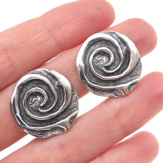 925 Sterling Silver Vintage Modernist Spiral Oxidized Clip On Earrings