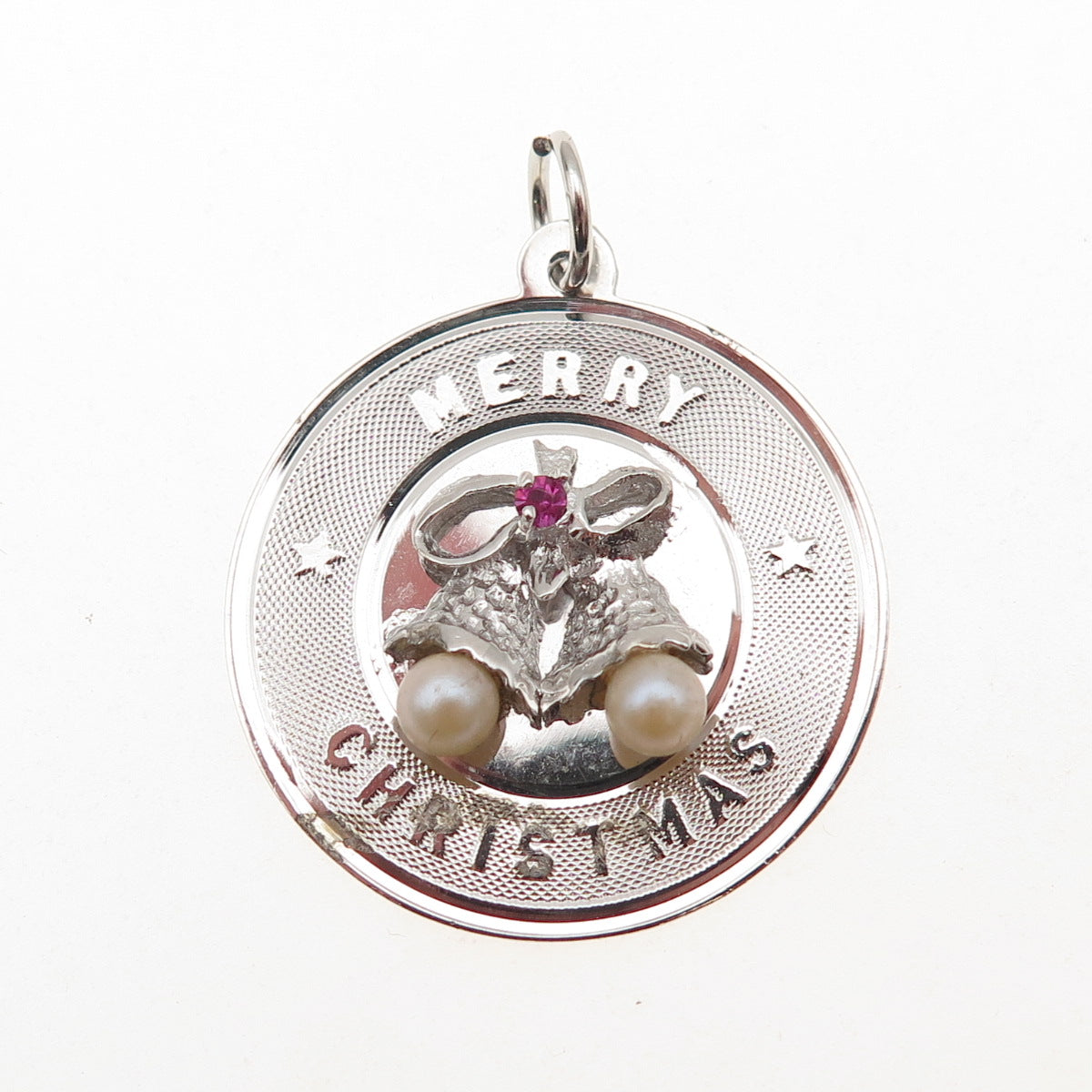 925 Sterling Silver Vintage Faux Pearl Rhinestone Merry Christmas Bells Pendant