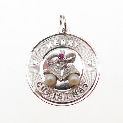 925 Sterling Silver Vintage Faux Pearl Rhinestone Merry Christmas Bells Pendant