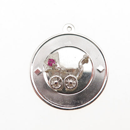 925 Sterling Silver Vintage Pink Rhinestone Baby Stroller Charm Pendant