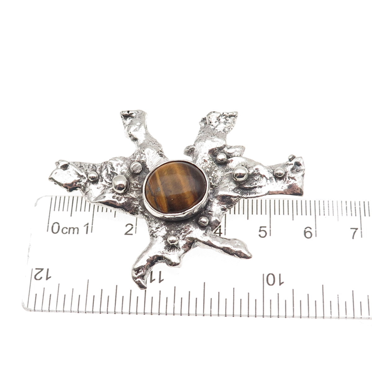925 Sterling Silver Vintage Real Tiger Eye Modernist Oxidized Pin Brooch