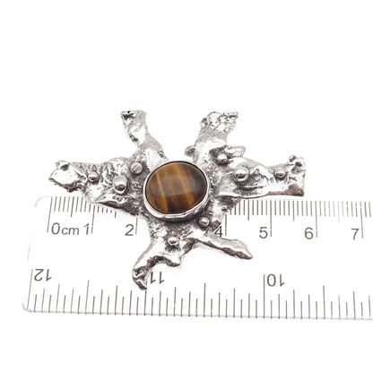 925 Sterling Silver Vintage Real Tiger Eye Modernist Oxidized Pin Brooch