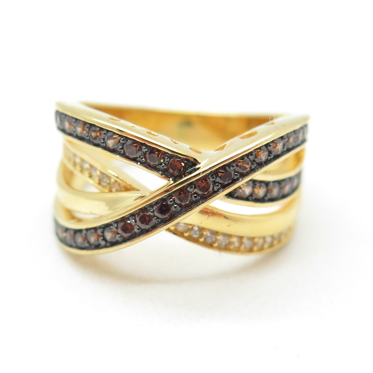 925 Sterling Silver Gold Plated Real Smoky Quartz & C Z Crisscross Ring Size 7