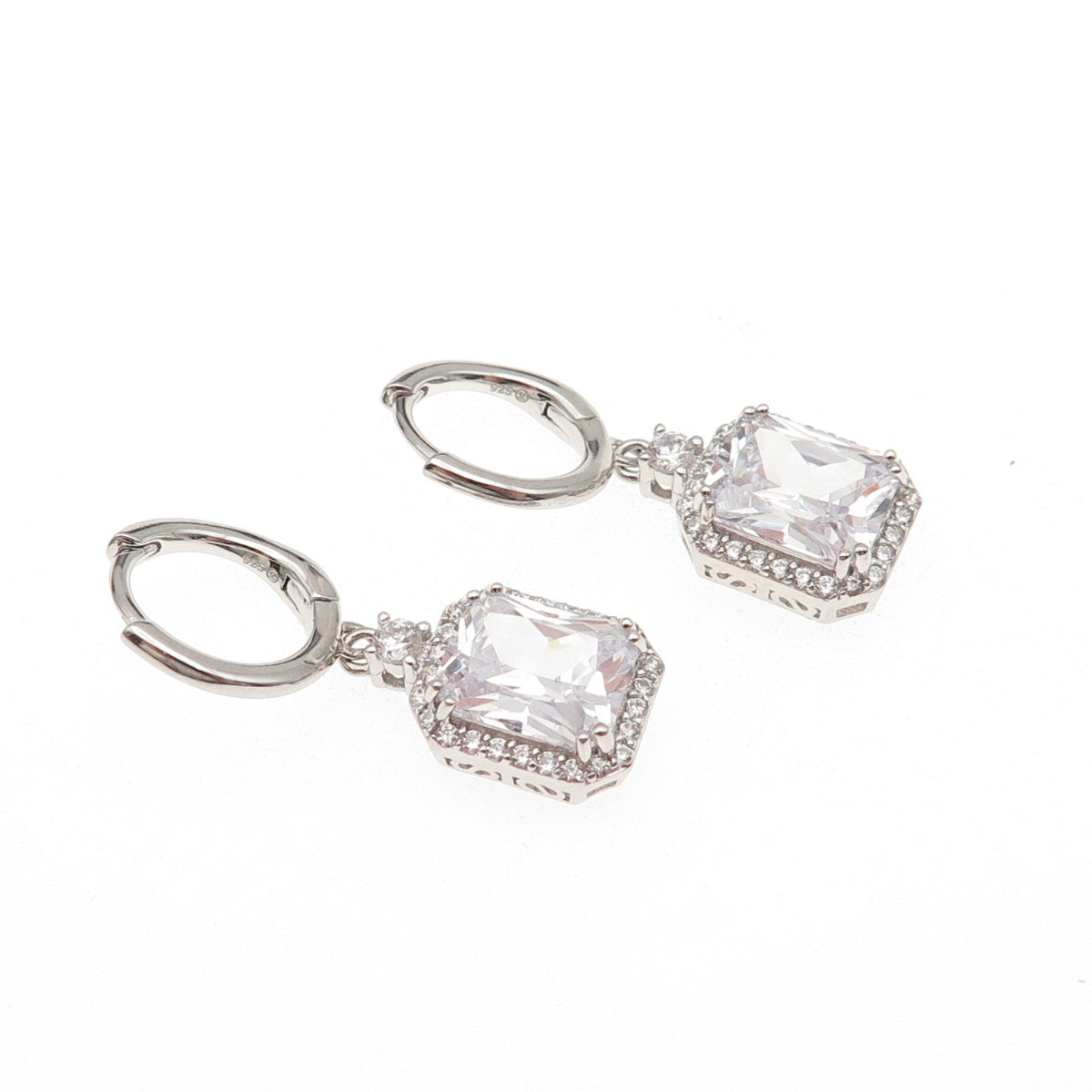 925 Sterling Silver Radiant & Round-Cut C Z Dangle Earrings