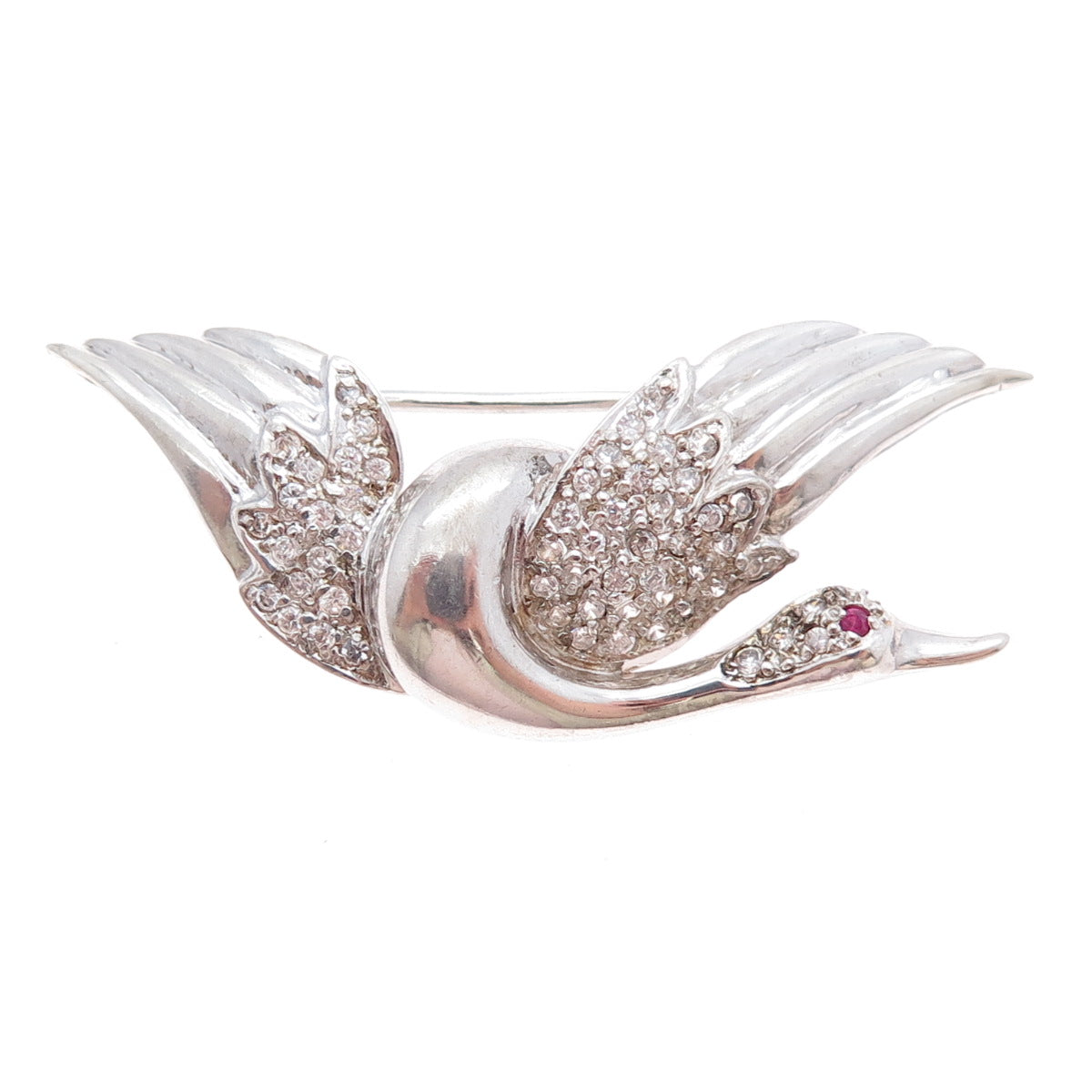 925 Sterling Silver Vintage Real Ruby & Rhinestone Swan Pin Brooch