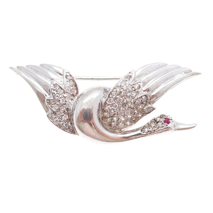 925 Sterling Silver Vintage Real Ruby & Rhinestone Swan Pin Brooch