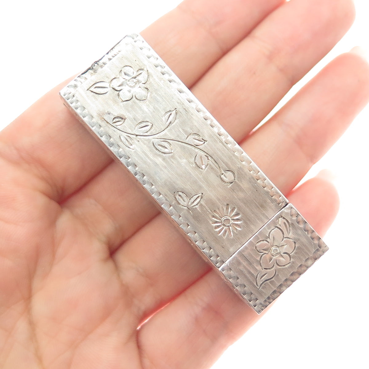800 Silver Antique Art Deco Italy Real Coral Engraved Tube Slide Lipstick Case