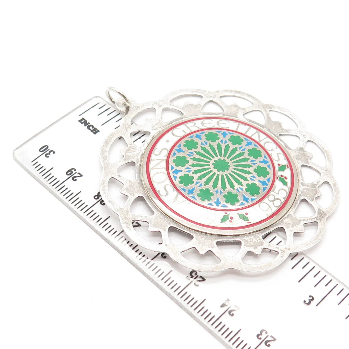 925 Sterling Silver Vintage Lunt Enamel Season Greetings 1985 Frame Pendant