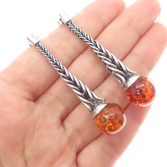 925 Sterling Silver Vintage Poland Real Amber Modernist Drop Dangle Earrings