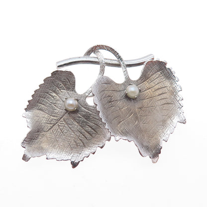 CARL ART 925 Sterling Silver Antique Art Deco Real Pearl Floral Leaf Pin Brooch
