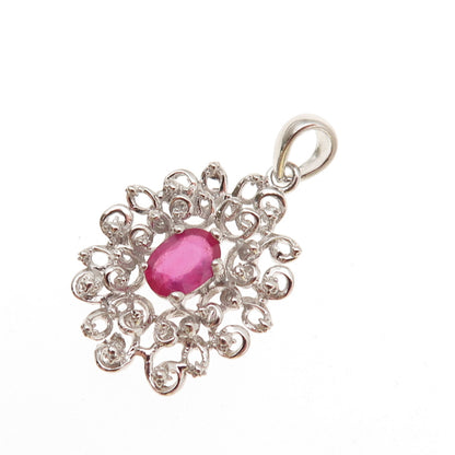 925 Sterling Silver Real Oval-Cut Ruby Floral Charm Pendant