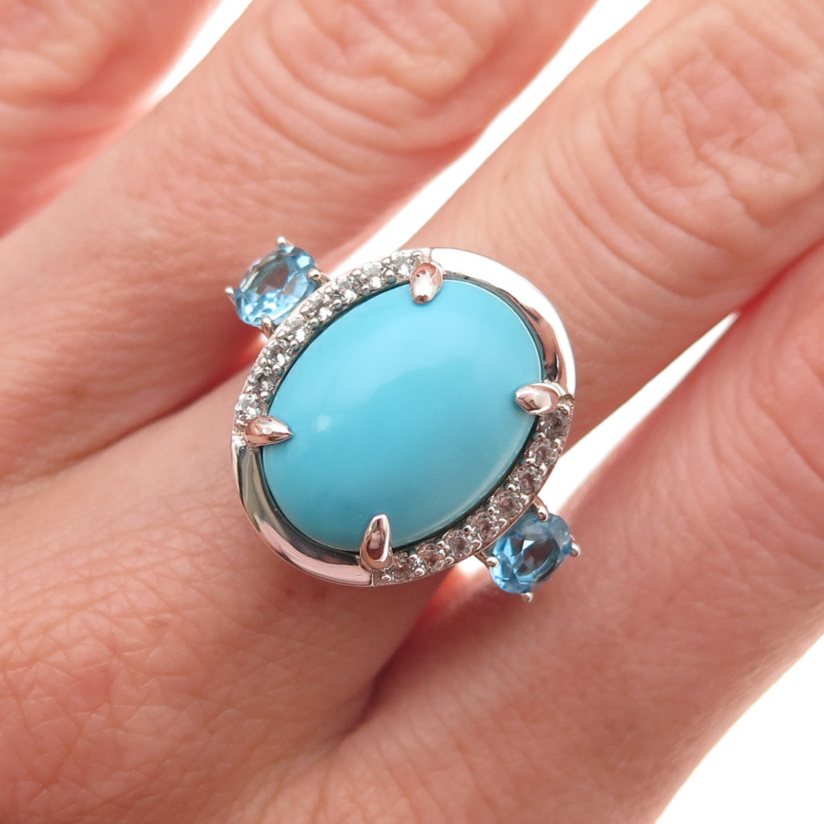 925 Sterling Real Sleeping Beauty Turquoise Blue & White Topaz Ring Size 8.25