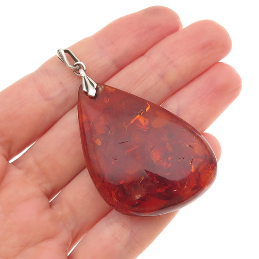 835 Silver Vintage Real Amber Modernist Teardrop Pendant