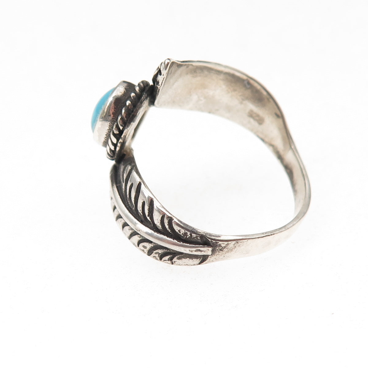 925 Sterling Silver Vintage Real Turquoise Feather Oxidized Ring Size 8.25