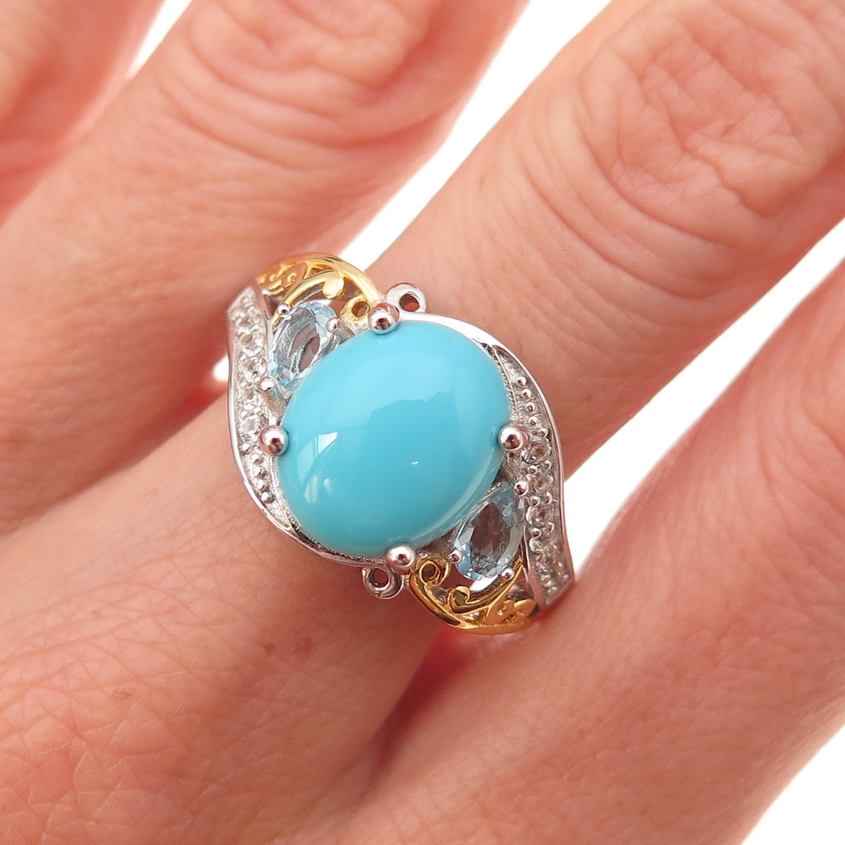 925 Sterling 2-Tone Sleeping Beauty Turquoise Blue & White Topaz Ring Size 8.25