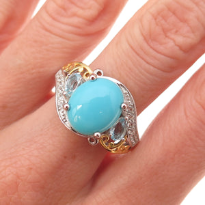 925 Sterling 2-Tone Sleeping Beauty Turquoise Blue & White Topaz Ring Size 8.25