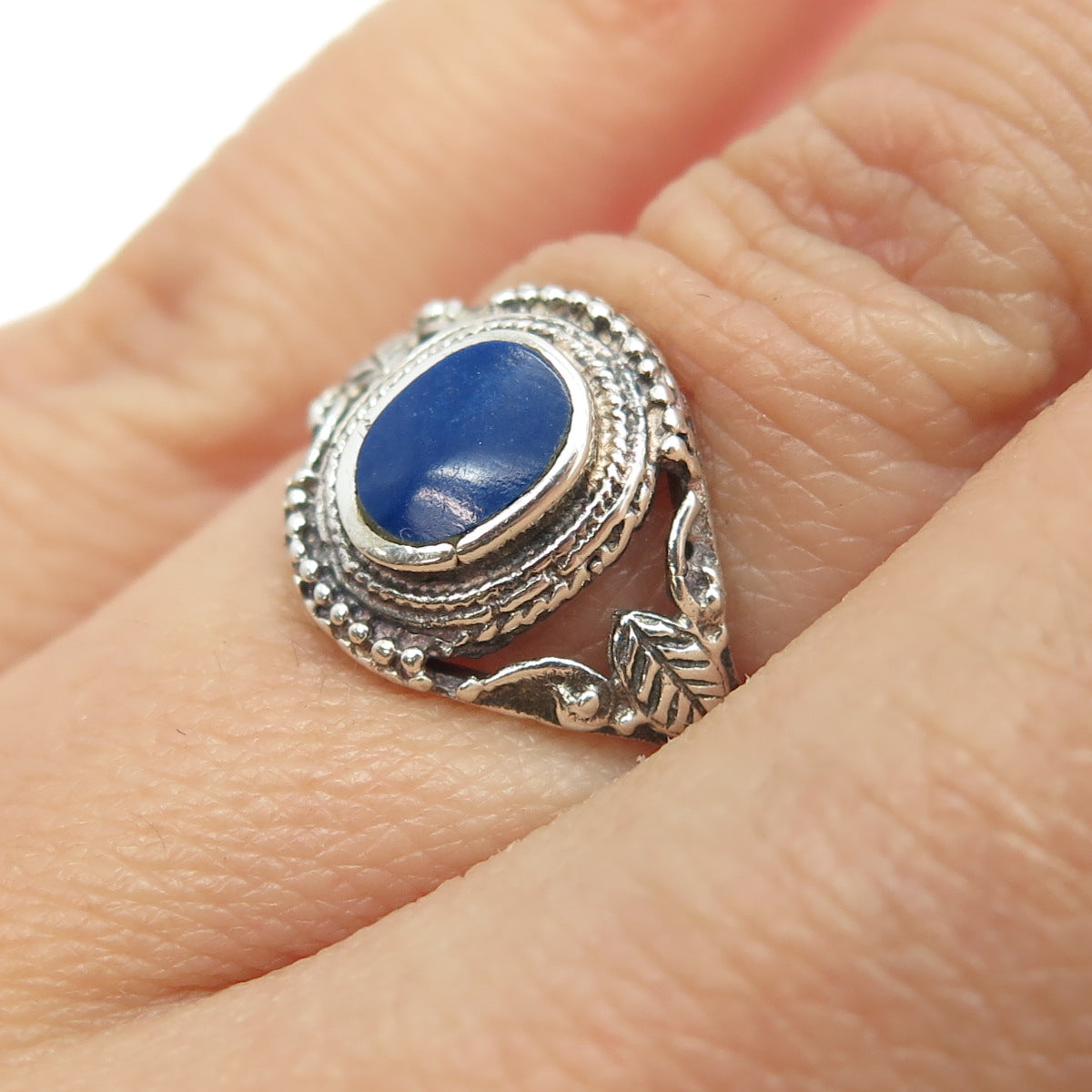 925 Sterling Silver Vintage Real Lapis Lazuli Gemstone Leaf Ring Size 6