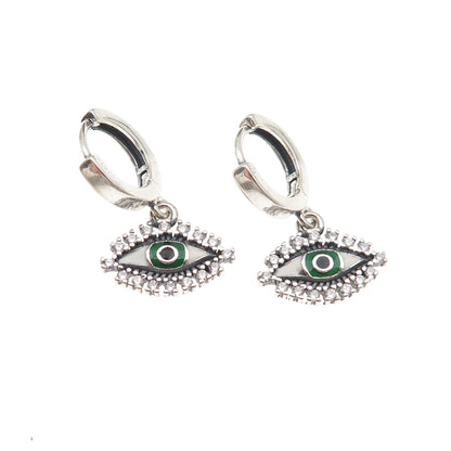 925 Sterling Silver Enamel & C Z Evil's Eye Dangle Charm Hoop Earrings