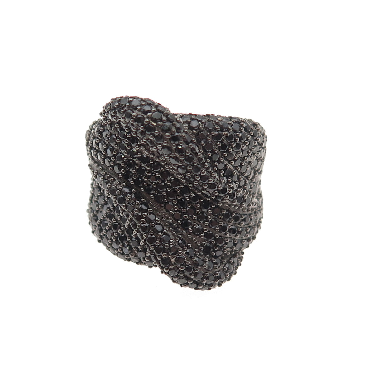 925 Sterling Silver Real Round-Cut Black Spinel Wavy Ring Size 5.25