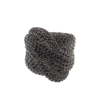 925 Sterling Silver Real Round-Cut Black Spinel Wavy Ring Size 5.25