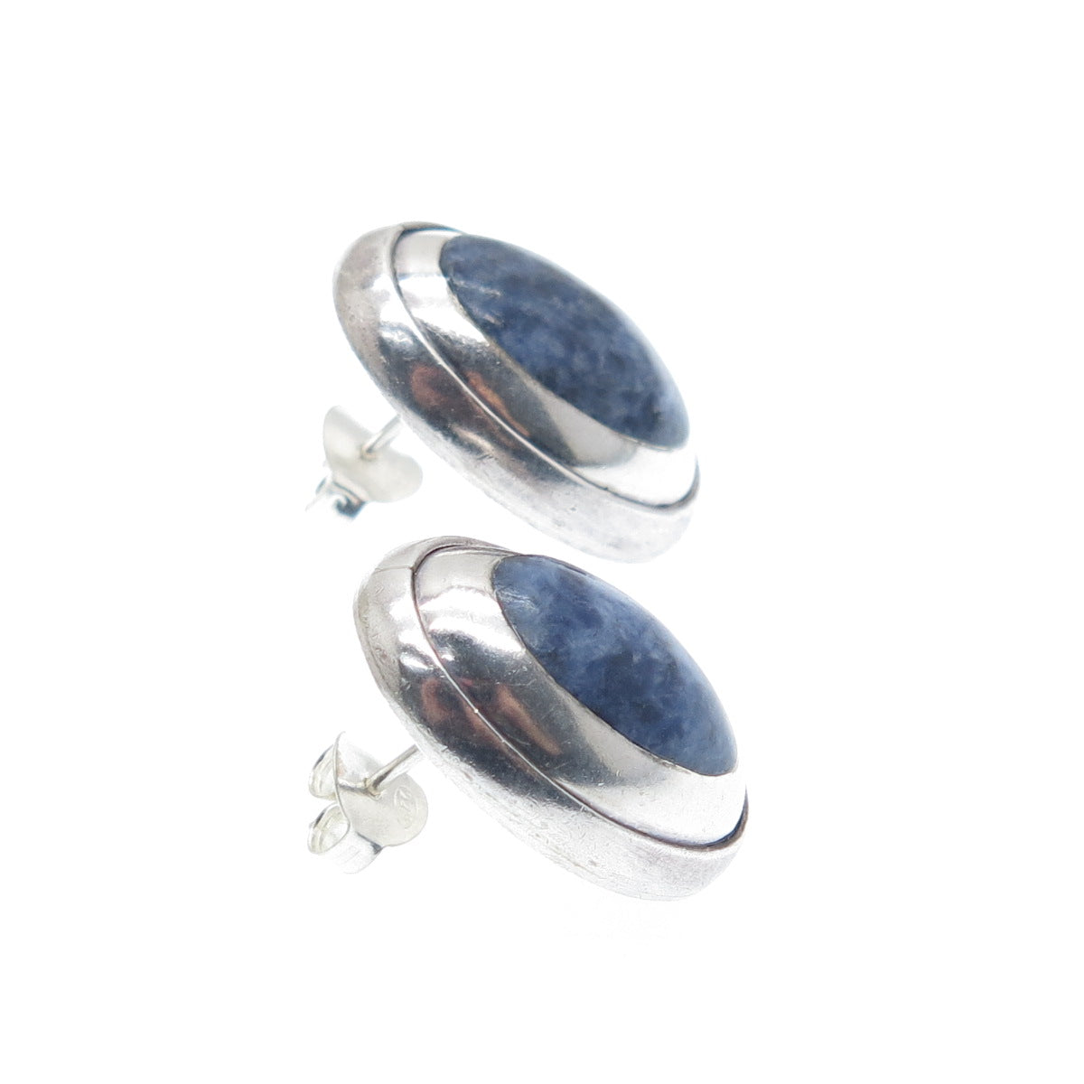 925 Sterling Silver Vintage Mexico Real Cabochon Sodalite Oxidized Earrings