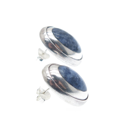 925 Sterling Silver Vintage Mexico Real Cabochon Sodalite Oxidized Earrings
