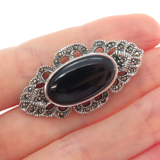 925 Sterling Silver Vintage Real Black Onyx & Marcasite Oxidized Pin Brooch