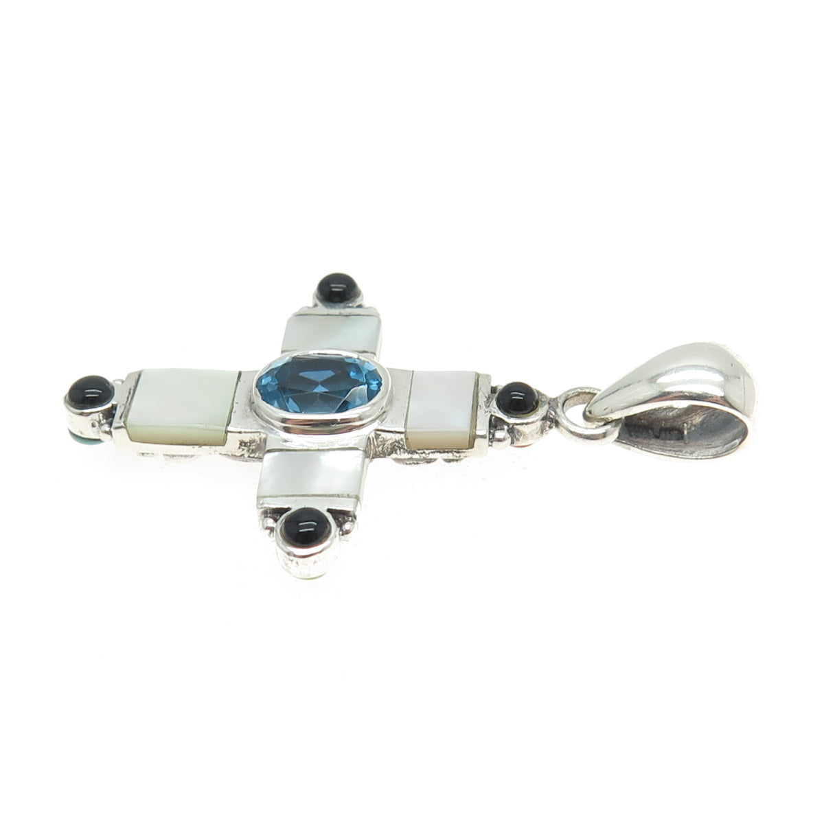 925 Sterling Silver Vintage Mother-of-Pearl & Multi-Gem Cross Dual Sided Pendant