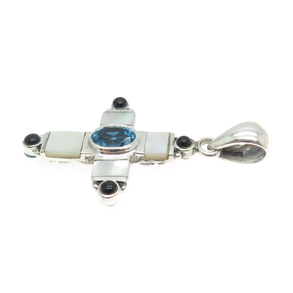 925 Sterling Silver Vintage Mother-of-Pearl & Multi-Gem Cross Dual Sided Pendant