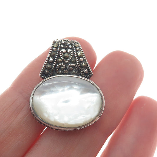 925 Sterling Silver Vintage Real Mother-of-Pearl & Marcasite Gem Slide Pendant