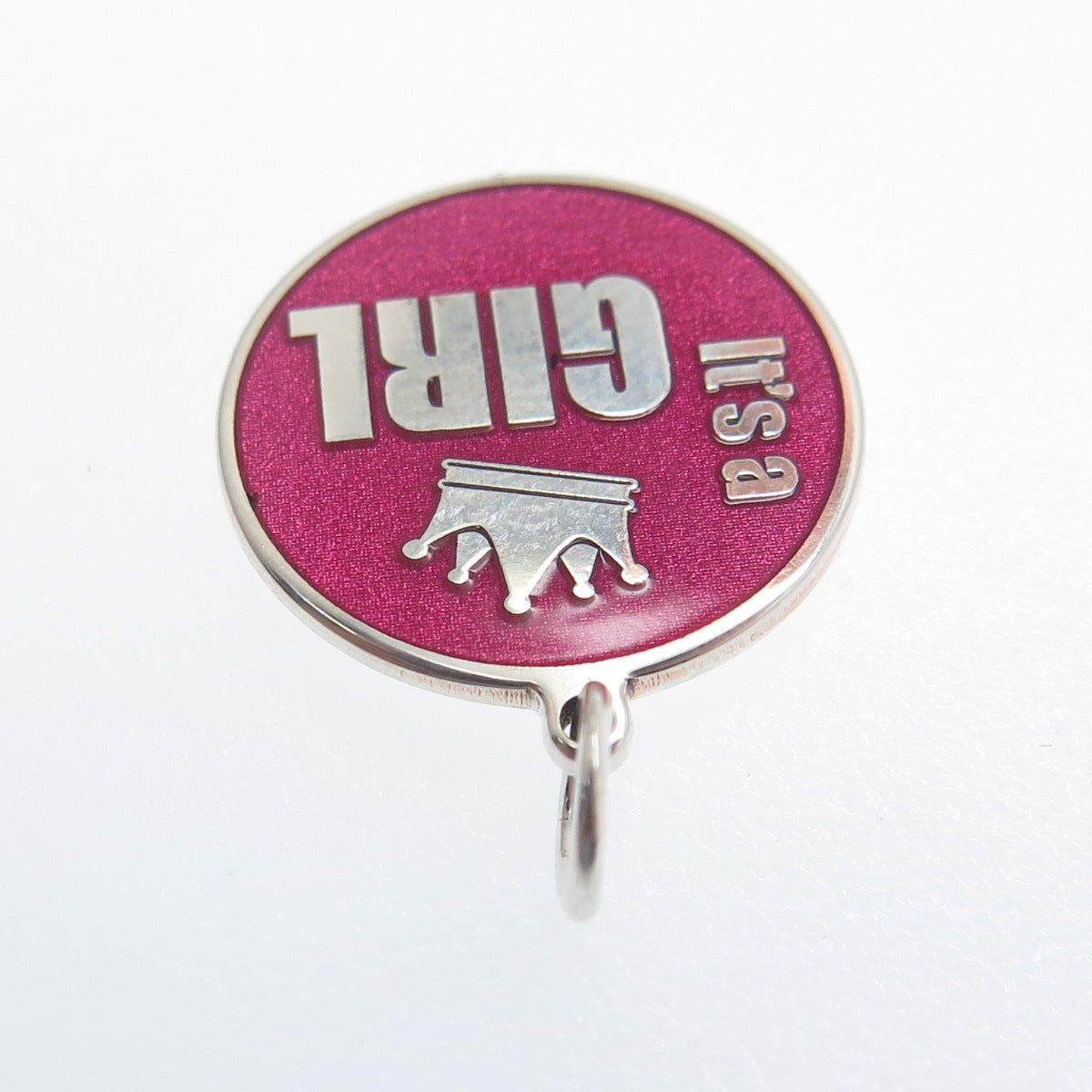 925 Sterling Silver Pink Enamel "It's A Girl" Round Tag Minimalist Charm Pendant