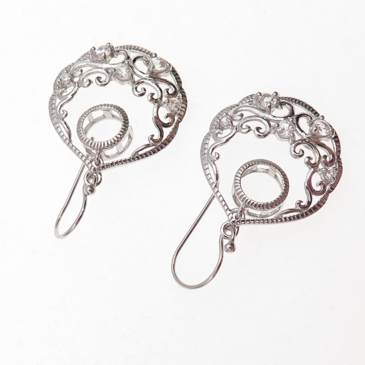 925 Sterling Silver Real White Topaz Ornate Crescent Dangle Earrings